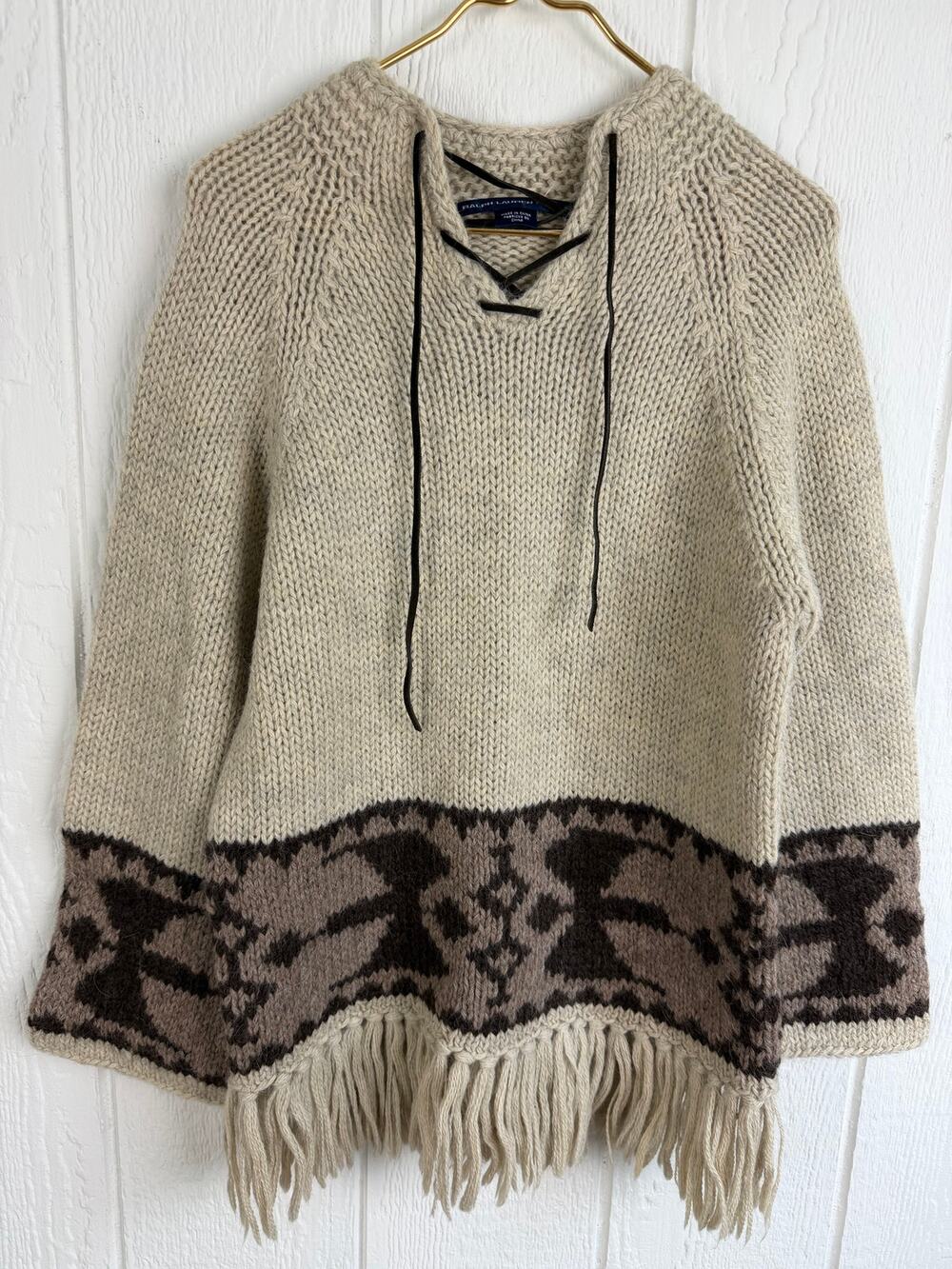 Vintage Ralph Lauren Alpaca Wool Poncho Sweater Fringe Southwestern Medium